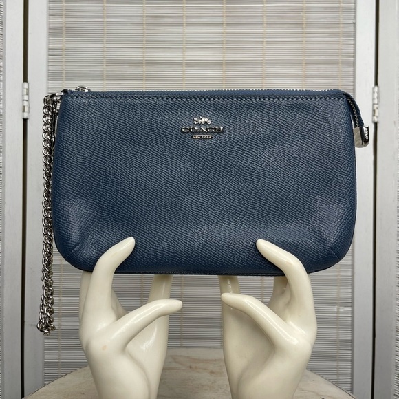 Coach Handbags - Coach Blue Crossgrain Leather Chain Wristlet Clutch Silver Hardware NWT